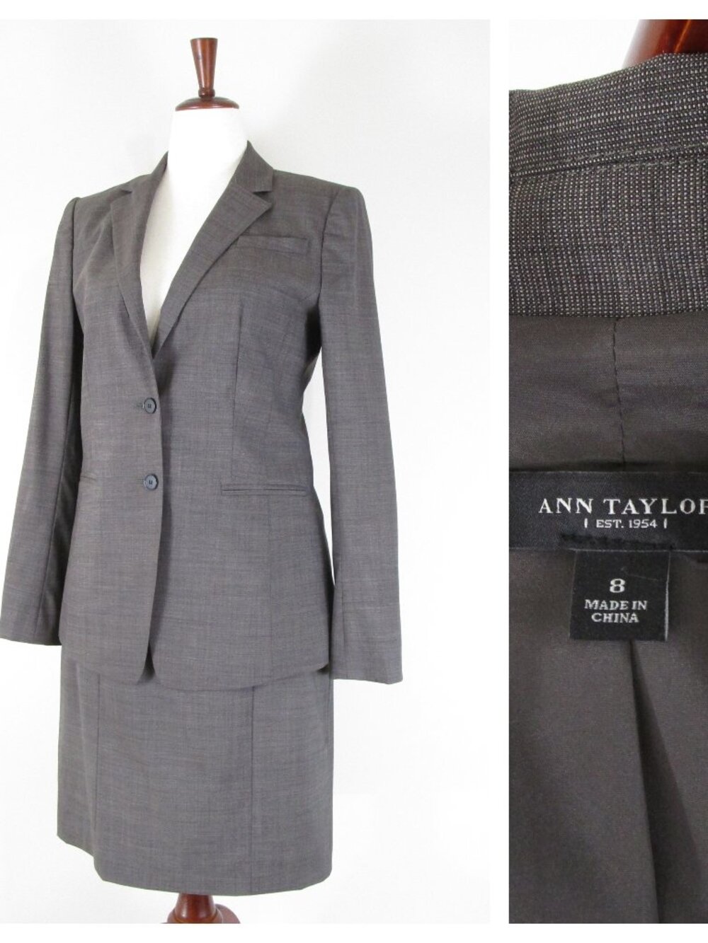 Ann Taylor Womens Gray Brown Wool Skirt Suit Size 8 10 Formal Business Career